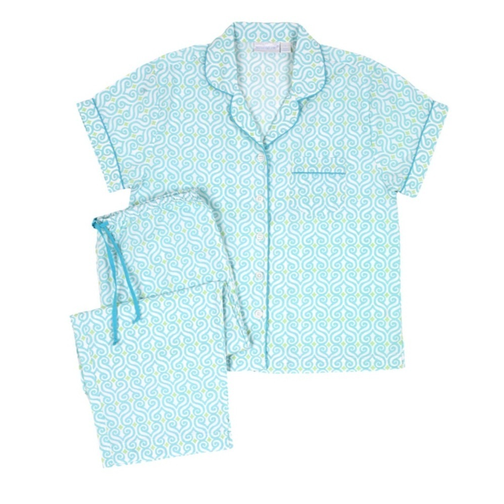 Needham Lane Fairfield Cotton Poplin Short Sleeve Capri Pajama Set Aqua White